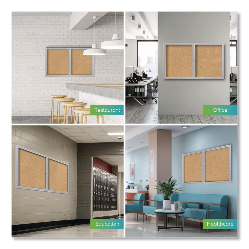 2 Door Enclosed Natural Cork Bulletin Board with Satin Aluminum Frame, 60 x 48, Tan Surface, Ships in 7-10 Business Days