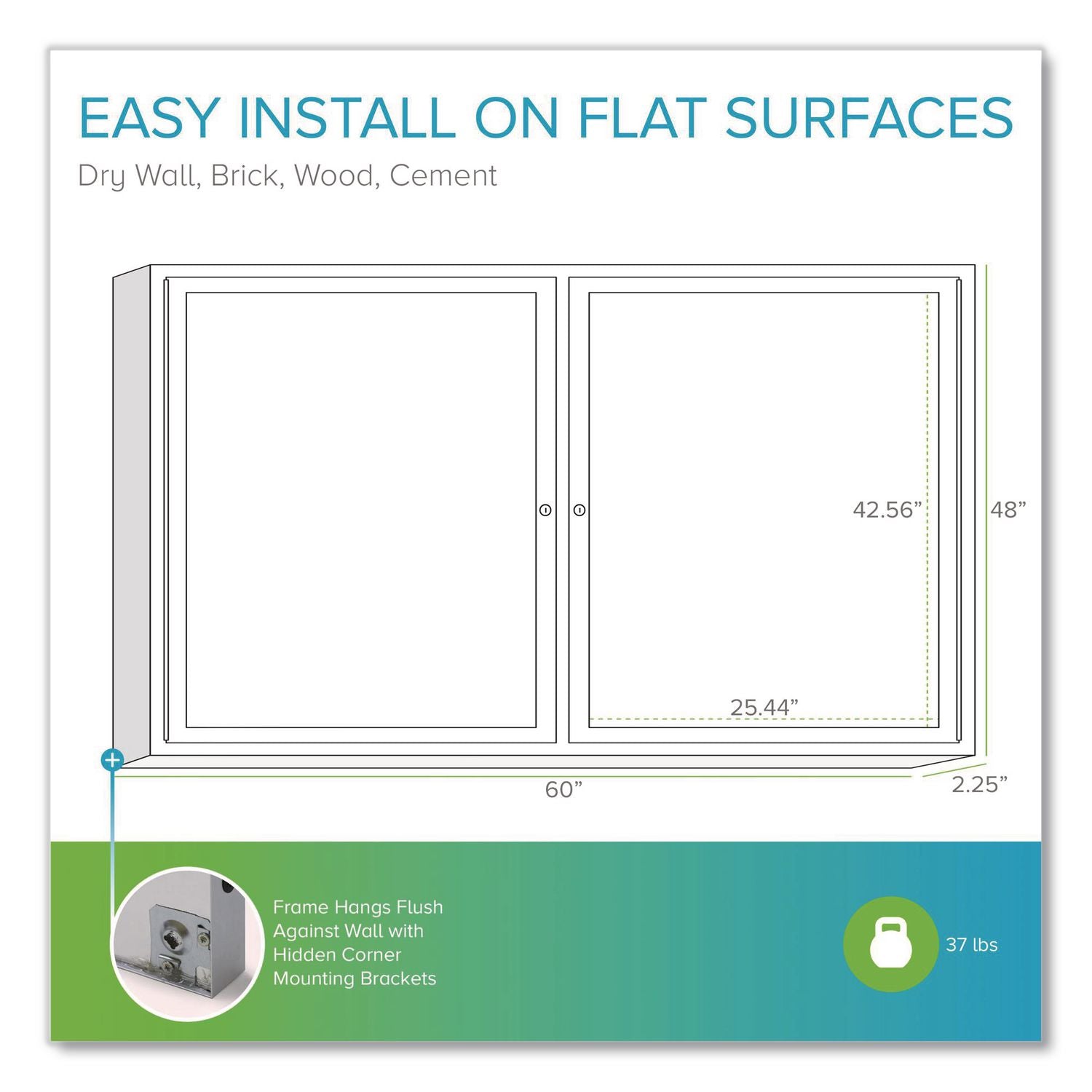 2 Door Enclosed Natural Cork Bulletin Board with Satin Aluminum Frame, 60 x 48, Tan Surface, Ships in 7-10 Business Days