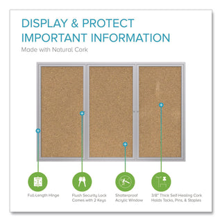 2 Door Enclosed Natural Cork Bulletin Board with Satin Aluminum Frame, 72 x 36, Tan Surface, Ships in 7-10 Business Days