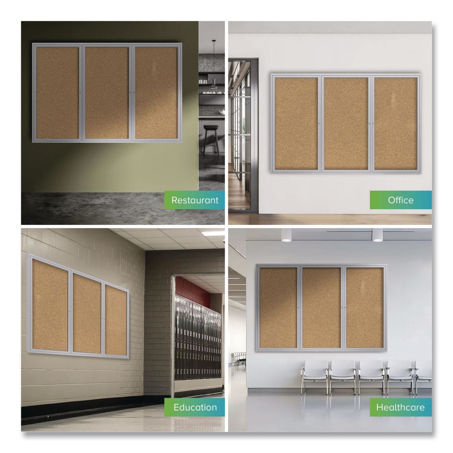2 Door Enclosed Natural Cork Bulletin Board with Satin Aluminum Frame, 72 x 36, Tan Surface, Ships in 7-10 Business Days