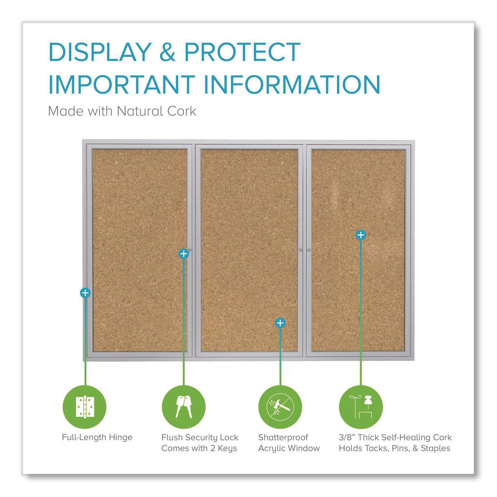 3 Door Enclosed Natural Cork Bulletin Board with Satin Aluminum Frame, 72 x 48, Tan Surface, Ships in 7-10 Business Days