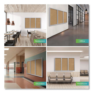 3 Door Enclosed Natural Cork Bulletin Board with Satin Aluminum Frame, 72 x 48, Tan Surface, Ships in 7-10 Business Days