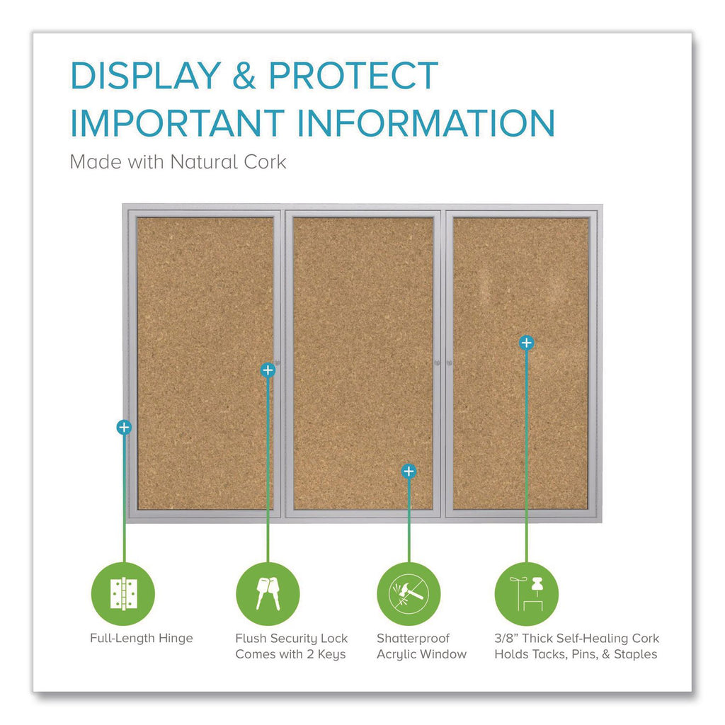 3 Door Enclosed Natural Cork Bulletin Board with Satin Aluminum Frame, 96 x 48, Tan Surface, Ships in 7-10 Business Days
