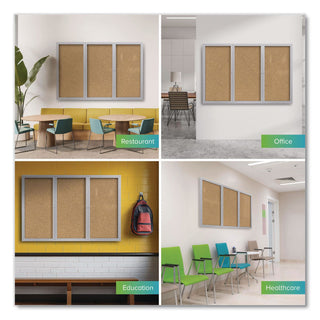 3 Door Enclosed Natural Cork Bulletin Board with Satin Aluminum Frame, 96 x 48, Tan Surface, Ships in 7-10 Business Days