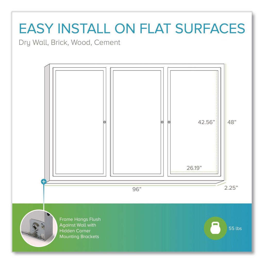 3 Door Enclosed Natural Cork Bulletin Board with Satin Aluminum Frame, 96 x 48, Tan Surface, Ships in 7-10 Business Days