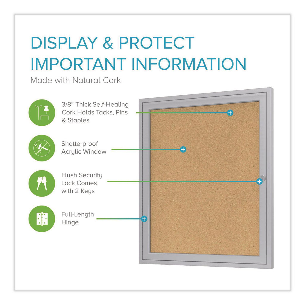 1 Door Enclosed Natural Cork Bulletin Board with Satin Aluminum Frame, 18 x 24, Tan Surface, Ships in 7-10 Business Days