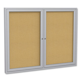 2 Door Enclosed Natural Cork Bulletin Board with Satin Aluminum Frame, 60 x 48, Tan Surface, Ships in 7-10 Business Days