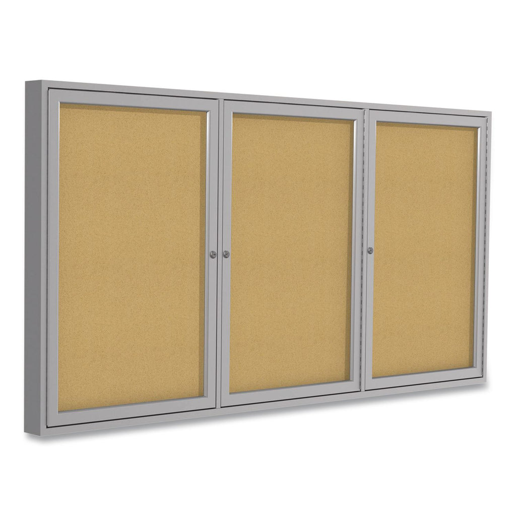 3 Door Enclosed Natural Cork Bulletin Board with Satin Aluminum Frame, 72 x 48, Tan Surface, Ships in 7-10 Business Days