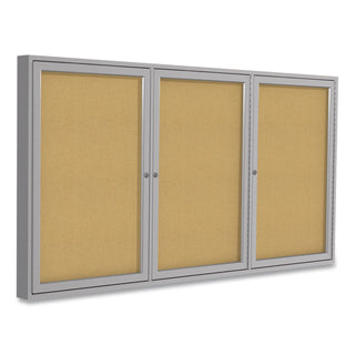 3 Door Enclosed Natural Cork Bulletin Board with Satin Aluminum Frame, 72 x 48, Tan Surface, Ships in 7-10 Business Days