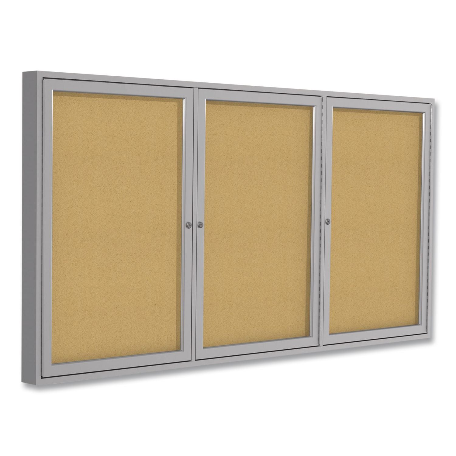 3 Door Enclosed Natural Cork Bulletin Board with Satin Aluminum Frame, 96 x 48, Tan Surface, Ships in 7-10 Business Days