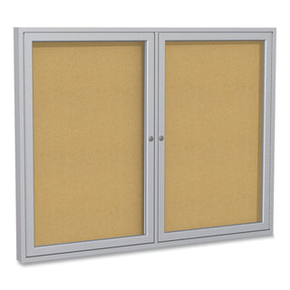 2 Door Enclosed Natural Cork Bulletin Board with Satin Aluminum Frame, 60 x 36, Tan Surface, Ships in 7-10 Business Days