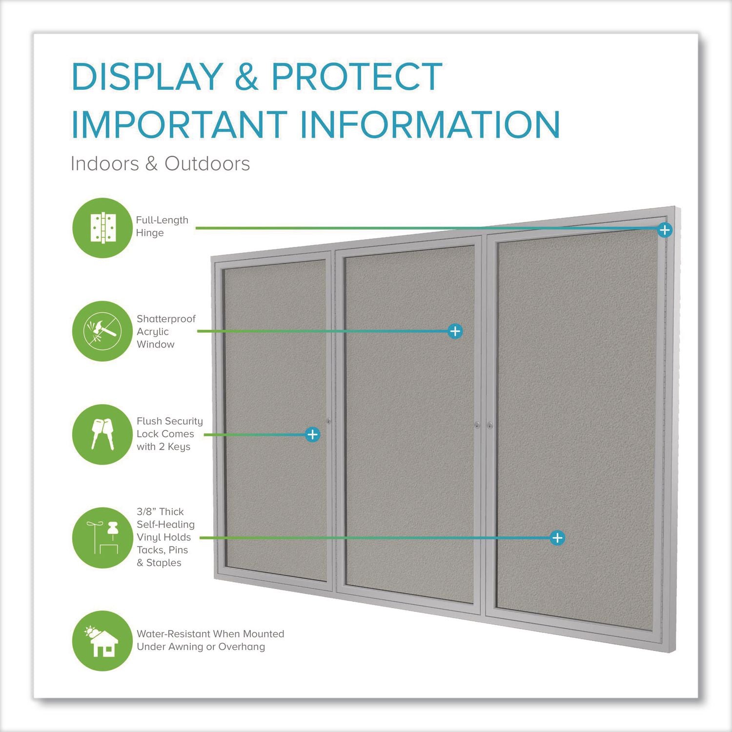 3 Door Enclosed Vinyl Bulletin Board with Satin Aluminum Frame, 72 x 48, Silver Surface, Ships in 7-10 Business Days