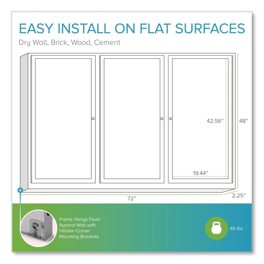 3 Door Enclosed Vinyl Bulletin Board with Satin Aluminum Frame, 72 x 48, Silver Surface, Ships in 7-10 Business Days