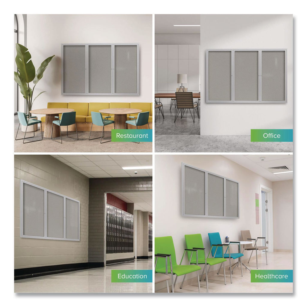 3 Door Enclosed Vinyl Bulletin Board with Satin Aluminum Frame, 72 x 48, Silver Surface, Ships in 7-10 Business Days