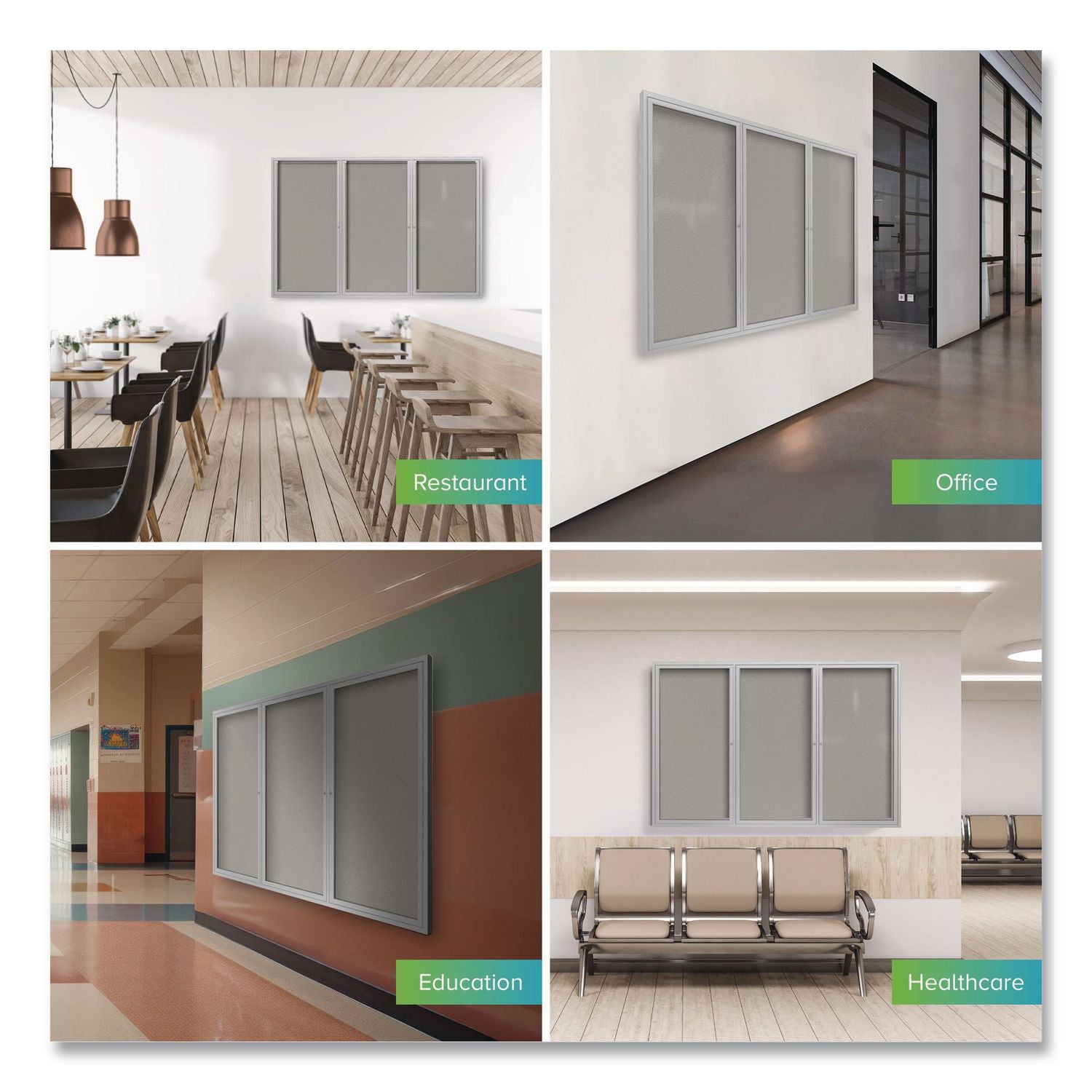 3 Door Enclosed Vinyl Bulletin Board with Satin Aluminum Frame, 96 x 48, Silver Surface, Ships in 7-10 Business Days