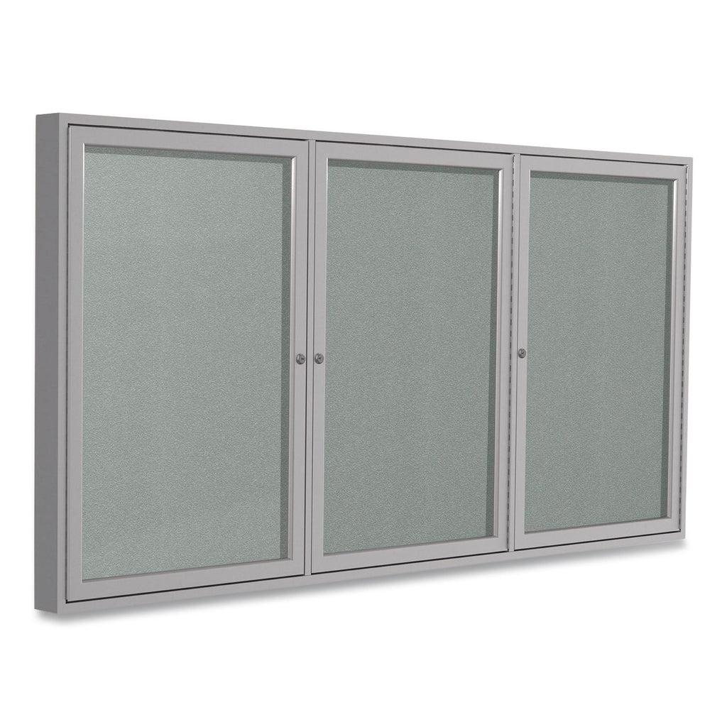 3 Door Enclosed Vinyl Bulletin Board with Satin Aluminum Frame, 72 x 48, Silver Surface, Ships in 7-10 Business Days