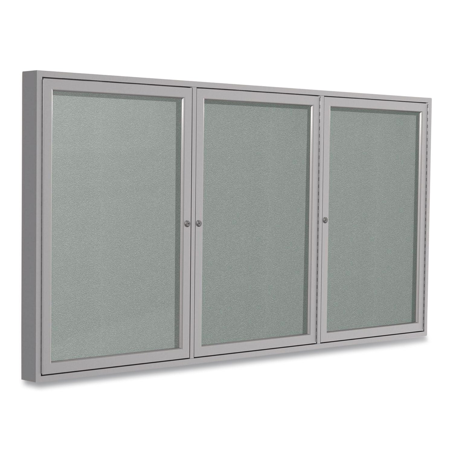 3 Door Enclosed Vinyl Bulletin Board with Satin Aluminum Frame, 72 x 48, Silver Surface, Ships in 7-10 Business Days