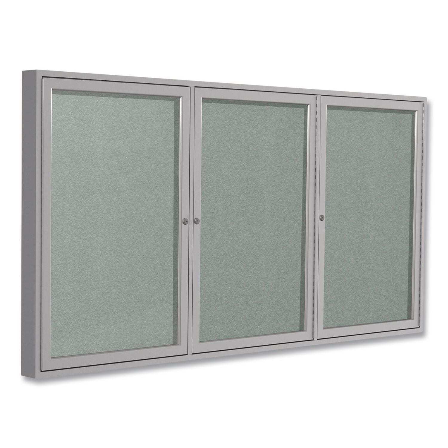 3 Door Enclosed Vinyl Bulletin Board with Satin Aluminum Frame, 96 x 48, Silver Surface, Ships in 7-10 Business Days
