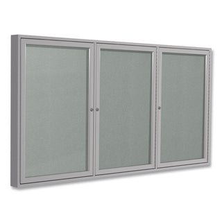 3 Door Enclosed Vinyl Bulletin Board with Satin Aluminum Frame, 96 x 48, Silver Surface, Ships in 7-10 Business Days