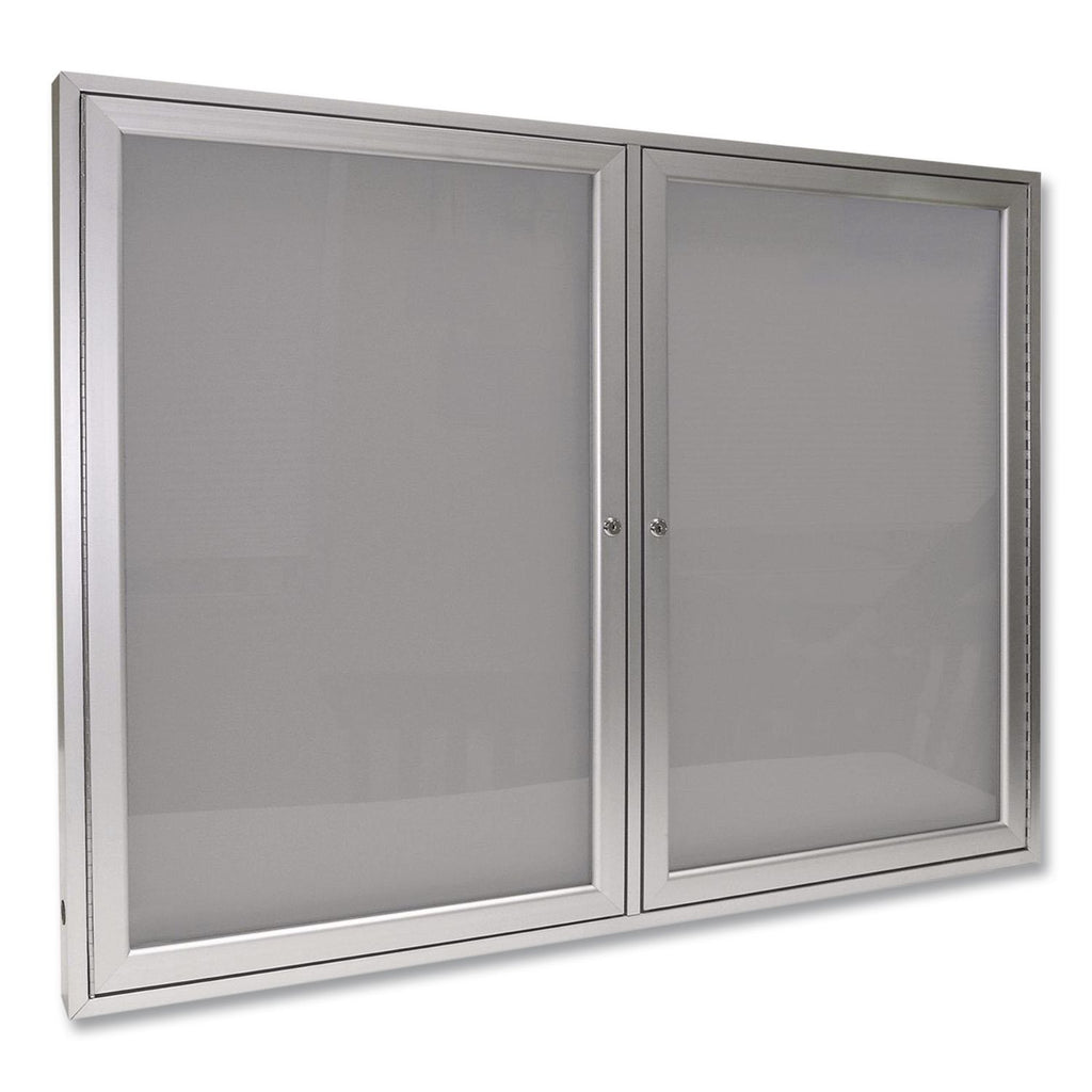 2 Door Enclosed Vinyl Bulletin Board with Satin Aluminum Frame, 48 x 36, Silver Surface, Ships in 7-10 Business Days