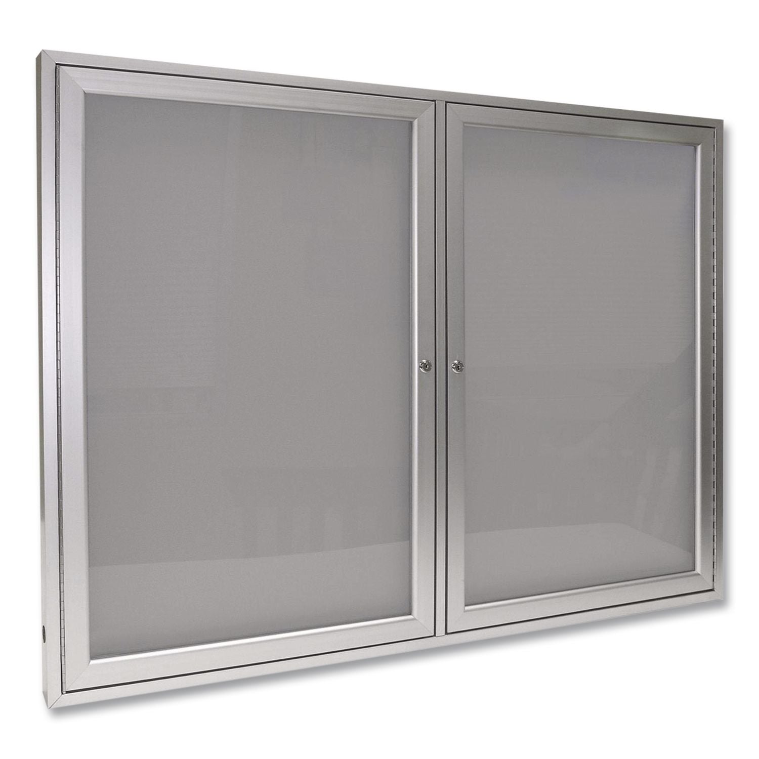 2 Door Enclosed Vinyl Bulletin Board with Satin Aluminum Frame, 48 x 36, Silver Surface, Ships in 7-10 Business Days