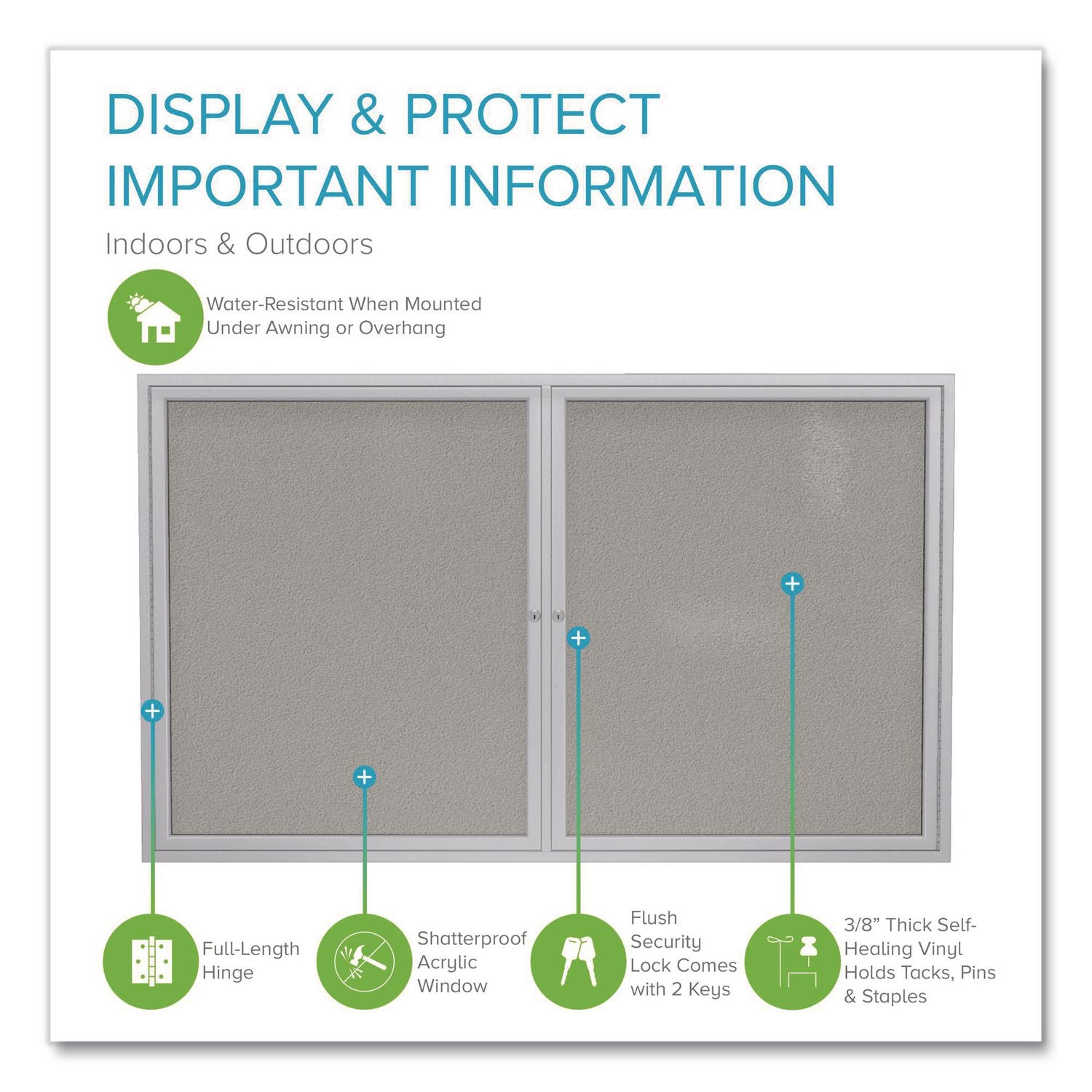 2 Door Enclosed Vinyl Bulletin Board with Satin Aluminum Frame, 48 x 36, Silver Surface, Ships in 7-10 Business Days