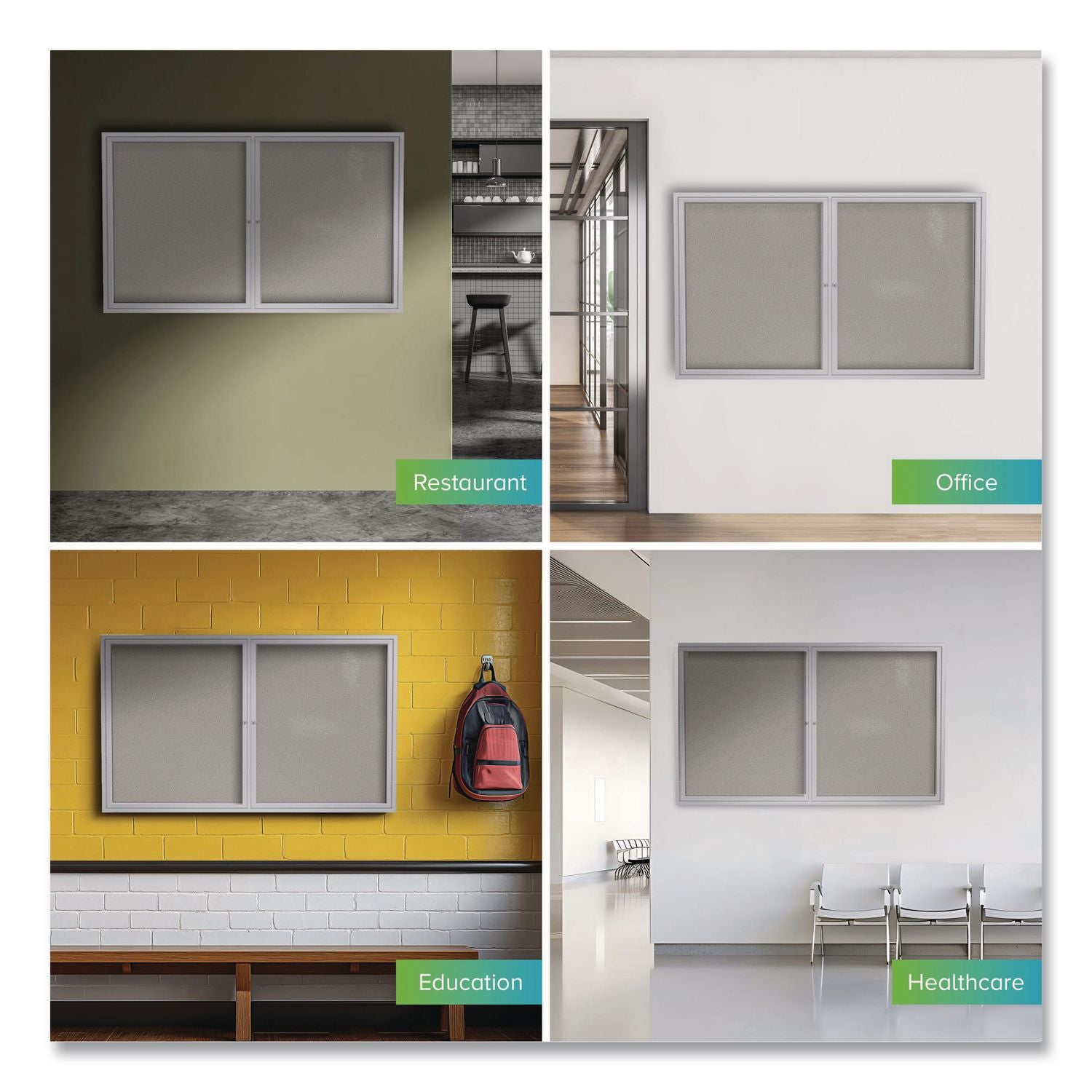 2 Door Enclosed Vinyl Bulletin Board with Satin Aluminum Frame, 48 x 36, Silver Surface, Ships in 7-10 Business Days