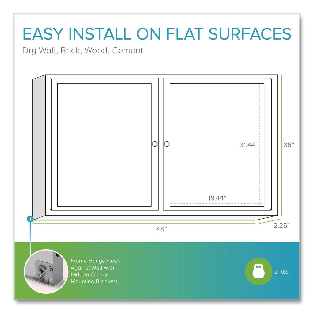 2 Door Enclosed Vinyl Bulletin Board with Satin Aluminum Frame, 48 x 36, Silver Surface, Ships in 7-10 Business Days