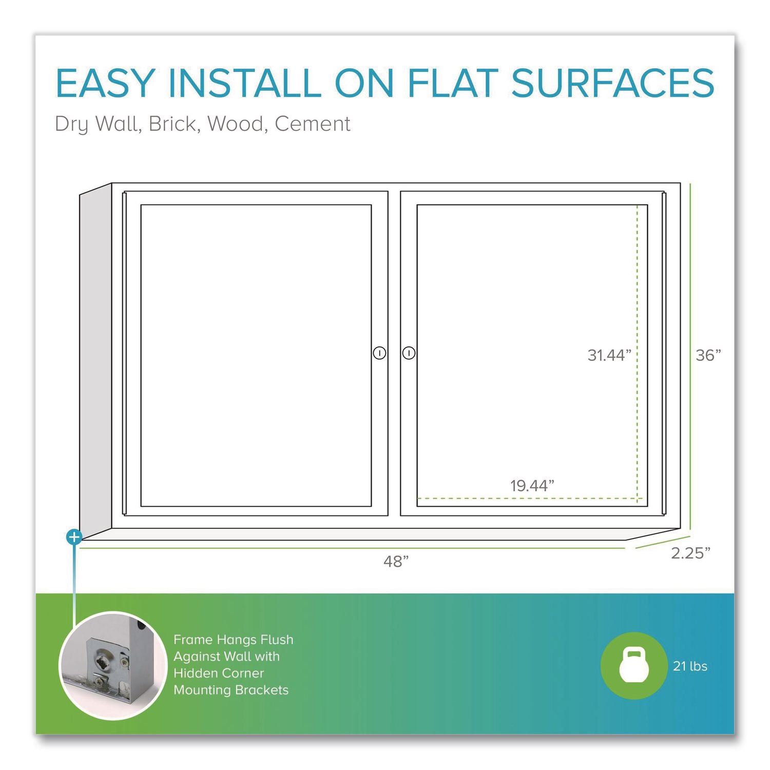 2 Door Enclosed Vinyl Bulletin Board with Satin Aluminum Frame, 48 x 36, Silver Surface, Ships in 7-10 Business Days