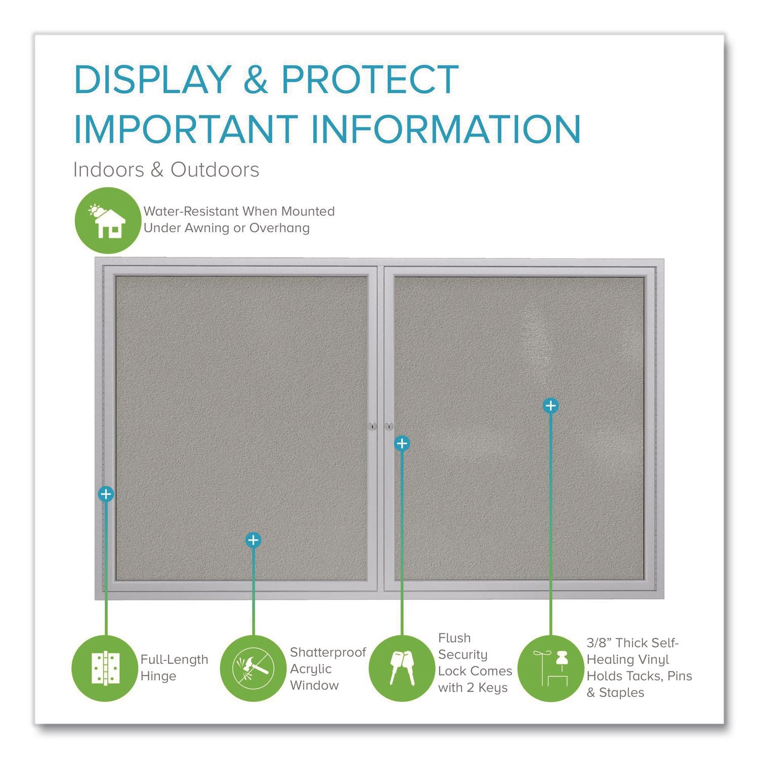 2 Door Enclosed Vinyl Bulletin Board with Satin Aluminum Frame, 60 x 36, Silver Surface, Ships in 7-10 Business Days