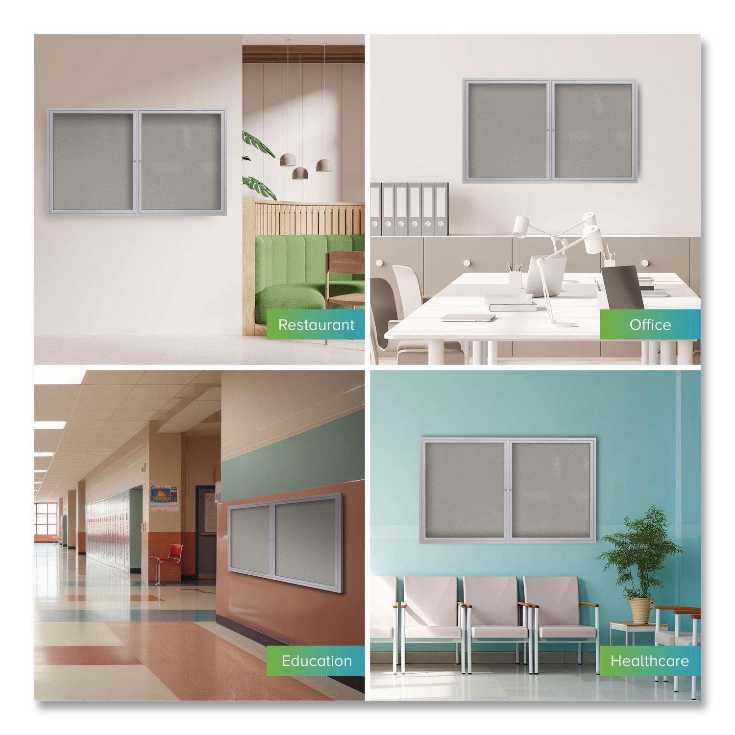 2 Door Enclosed Vinyl Bulletin Board with Satin Aluminum Frame, 60 x 36, Silver Surface, Ships in 7-10 Business Days
