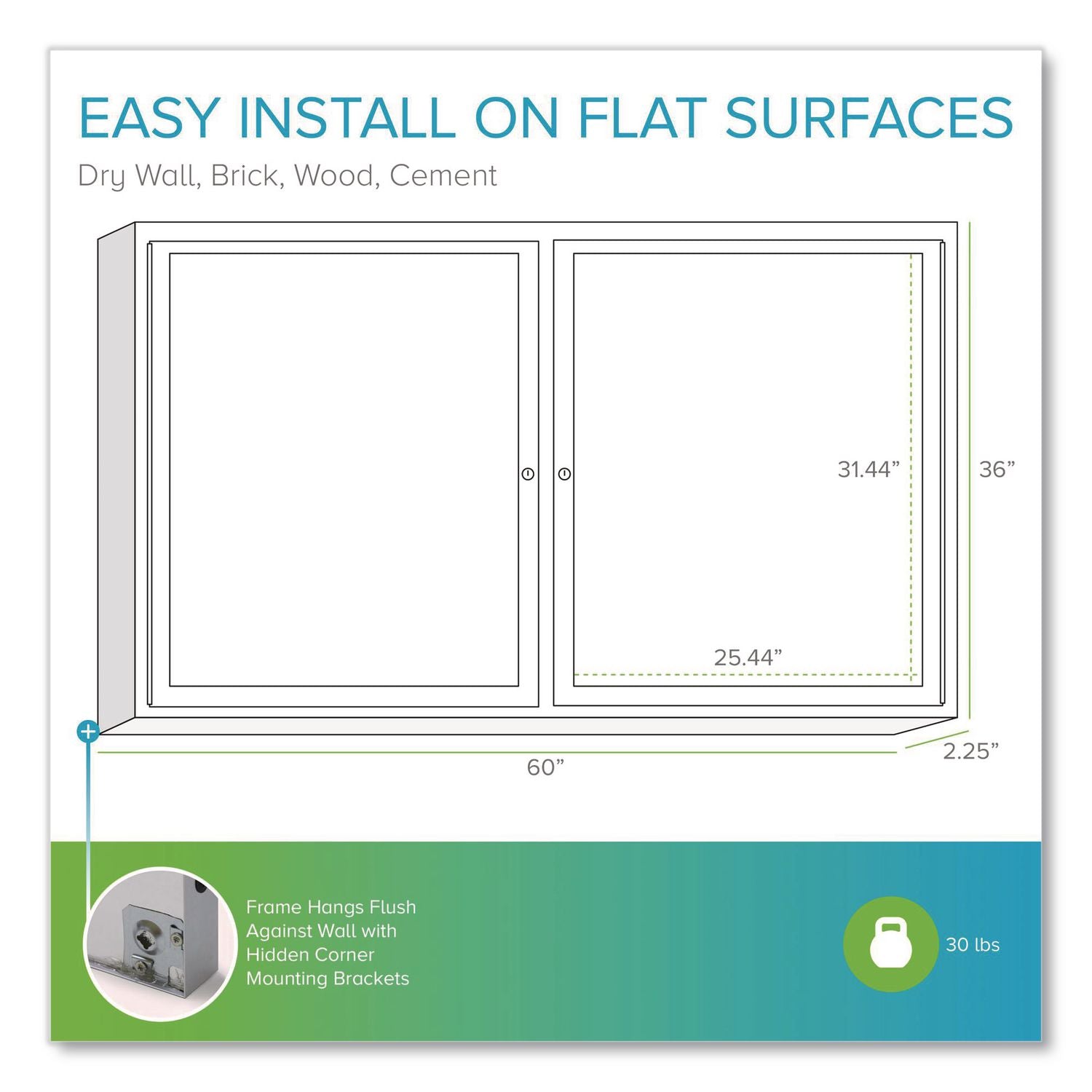 2 Door Enclosed Vinyl Bulletin Board with Satin Aluminum Frame, 60 x 36, Silver Surface, Ships in 7-10 Business Days