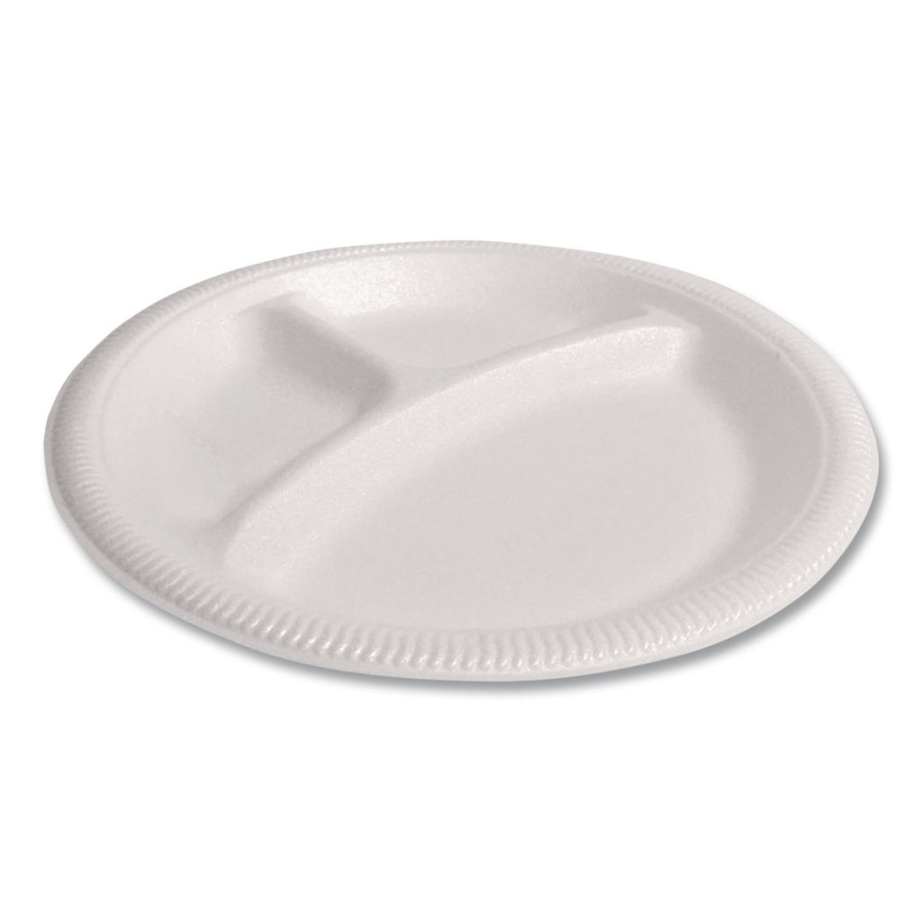 Foam Dinnerware, Plate, 3-Compartment, 9" dia, Poly Bag, White, 125/Sleeve, 4 Sleeves/Bag, 1 Bag/Pack