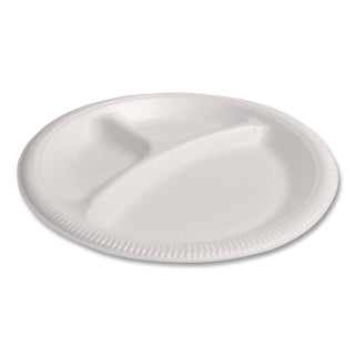 Foam Dinnerware, Plate, 3-Compartment, 9" dia, Poly Bag, White, 125/Sleeve, 4 Sleeves/Bag, 1 Bag/Pack