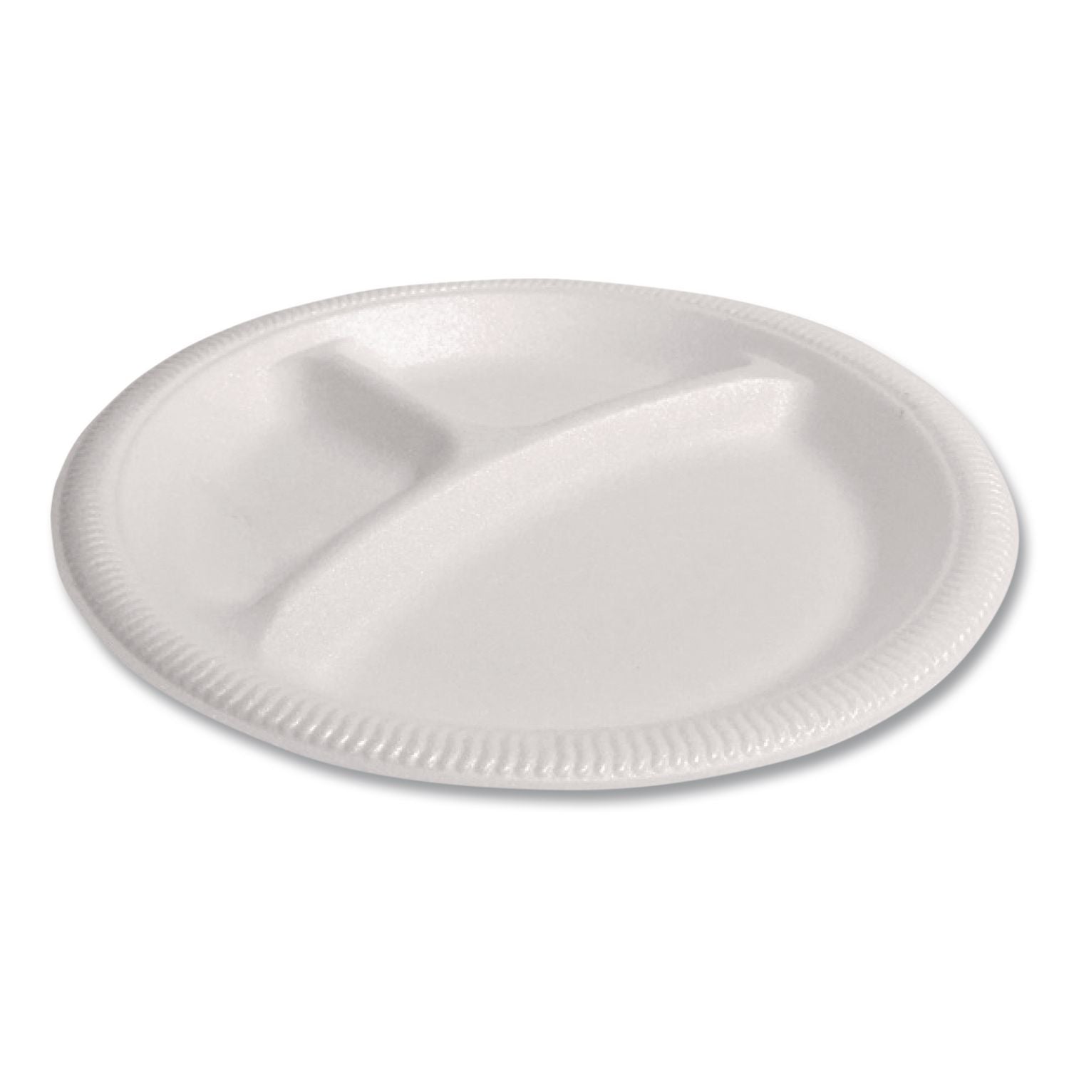Foam Dinnerware, Plate, 3-Compartment, 9" dia, Poly Bag, White, 125/Sleeve, 4 Sleeves/Bag, 1 Bag/Pack