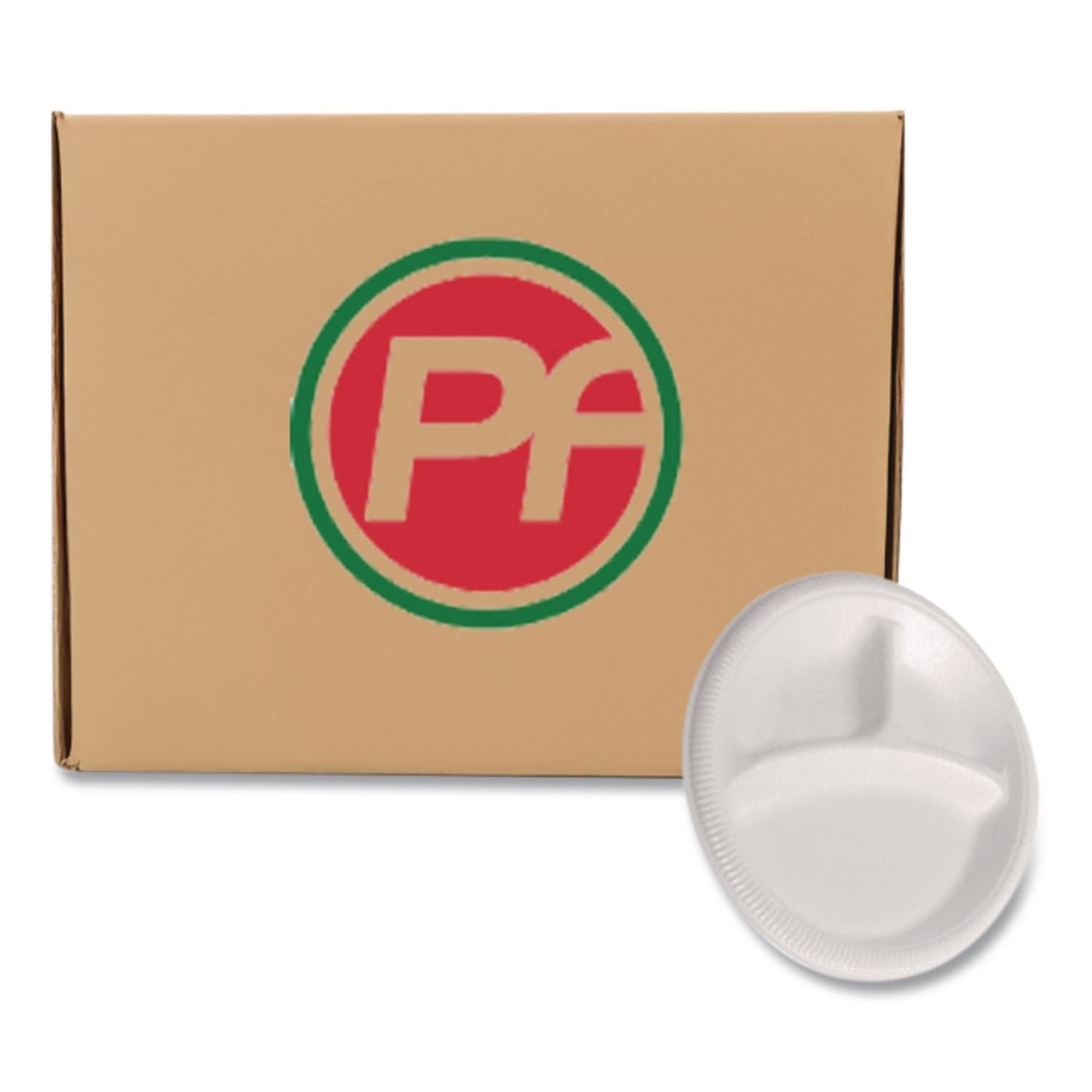 Foam Dinnerware, Plate, 3-Compartment, 9" dia, Poly Bag, White, 125/Sleeve, 4 Sleeves/Bag, 1 Bag/Pack