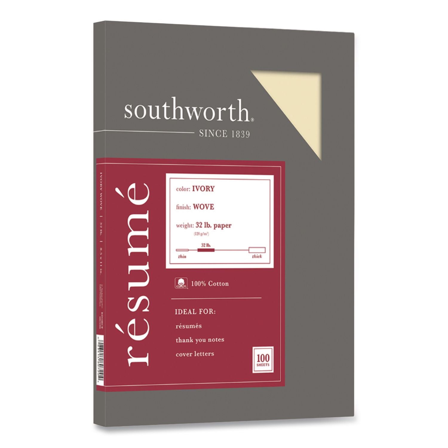 100% Cotton Resume Paper, 32 lb Bond Weight, 8.5 x 11, Ivory, 100/Pack