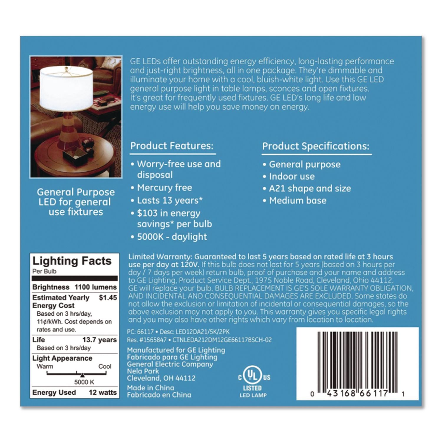 75W LED Bulbs, A19, 12 W, Daylight, 2/Pack