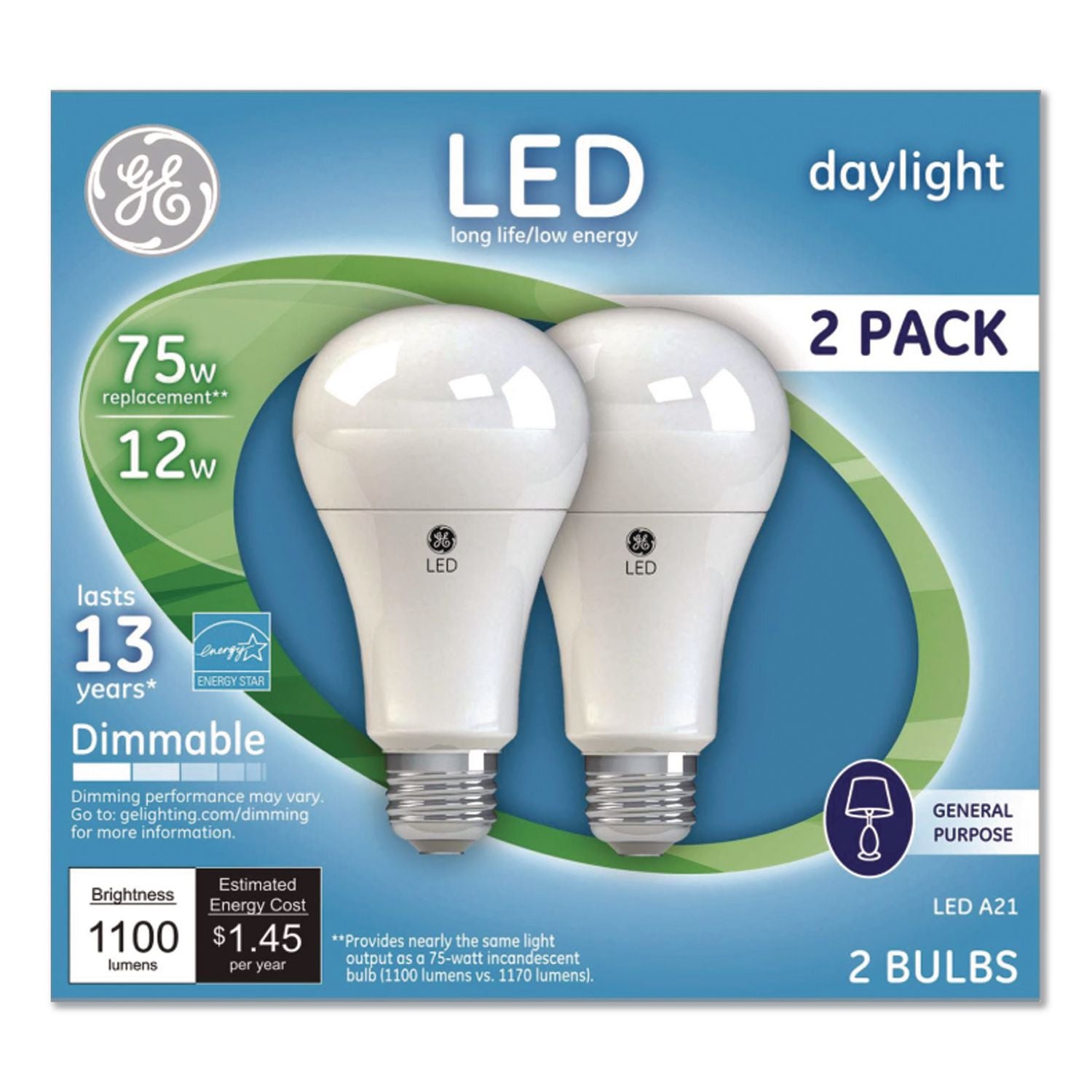 75W LED Bulbs, A19, 12 W, Daylight, 2/Pack