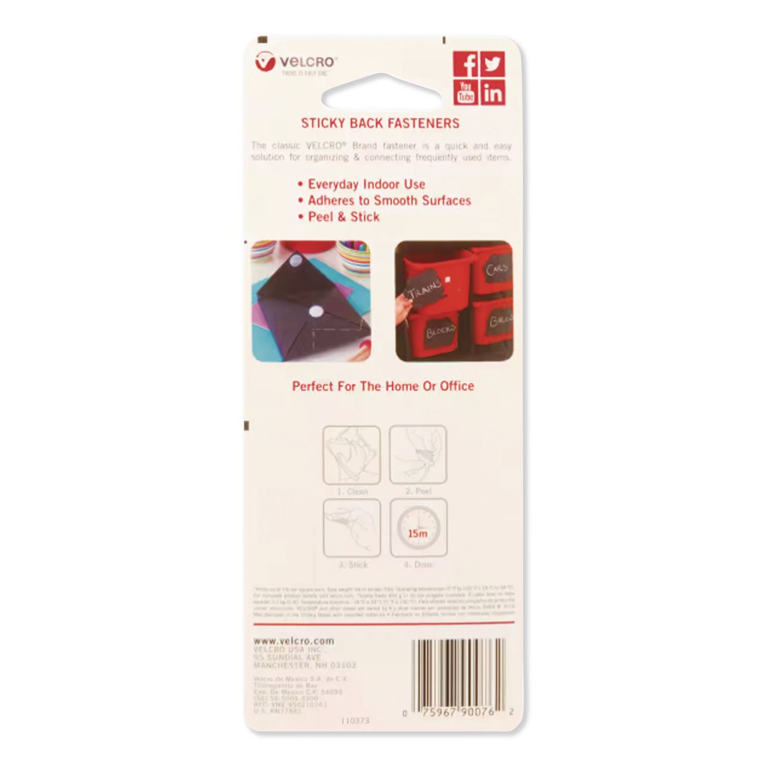 Sticky-Back Fasteners, Four 0.75" x 3.5" Strips, White