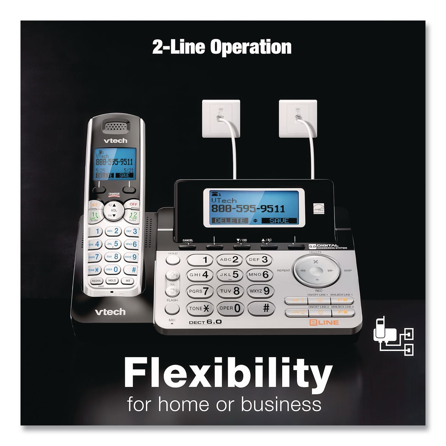 DS6151-2 Two-Handset Two-Line Cordless Phone with Answering System, Black/Silver