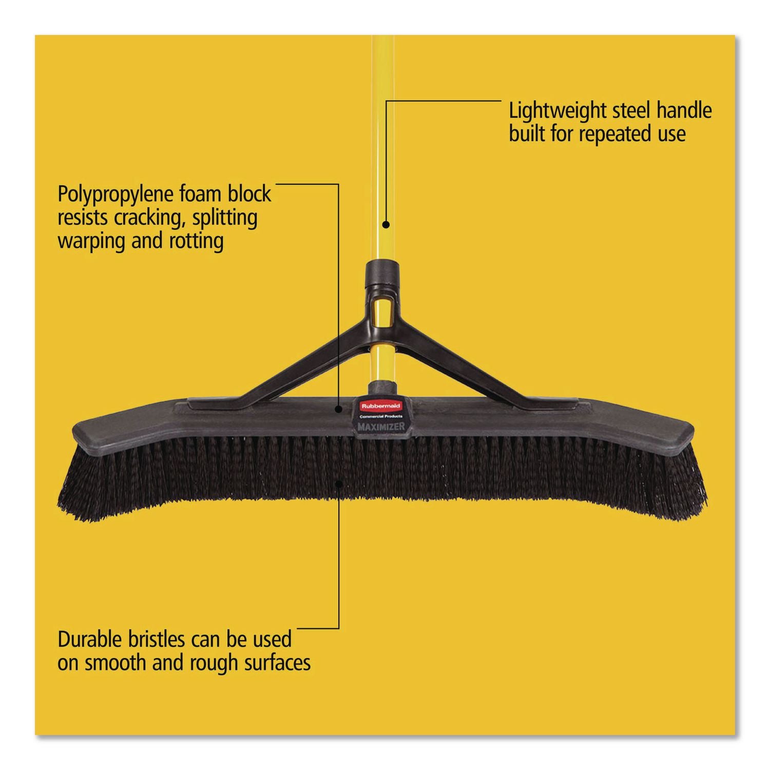 Maximizer Push-to-Center Broom, Poly Bristles, 36 x 58.13, Steel Handle, Yellow/Black