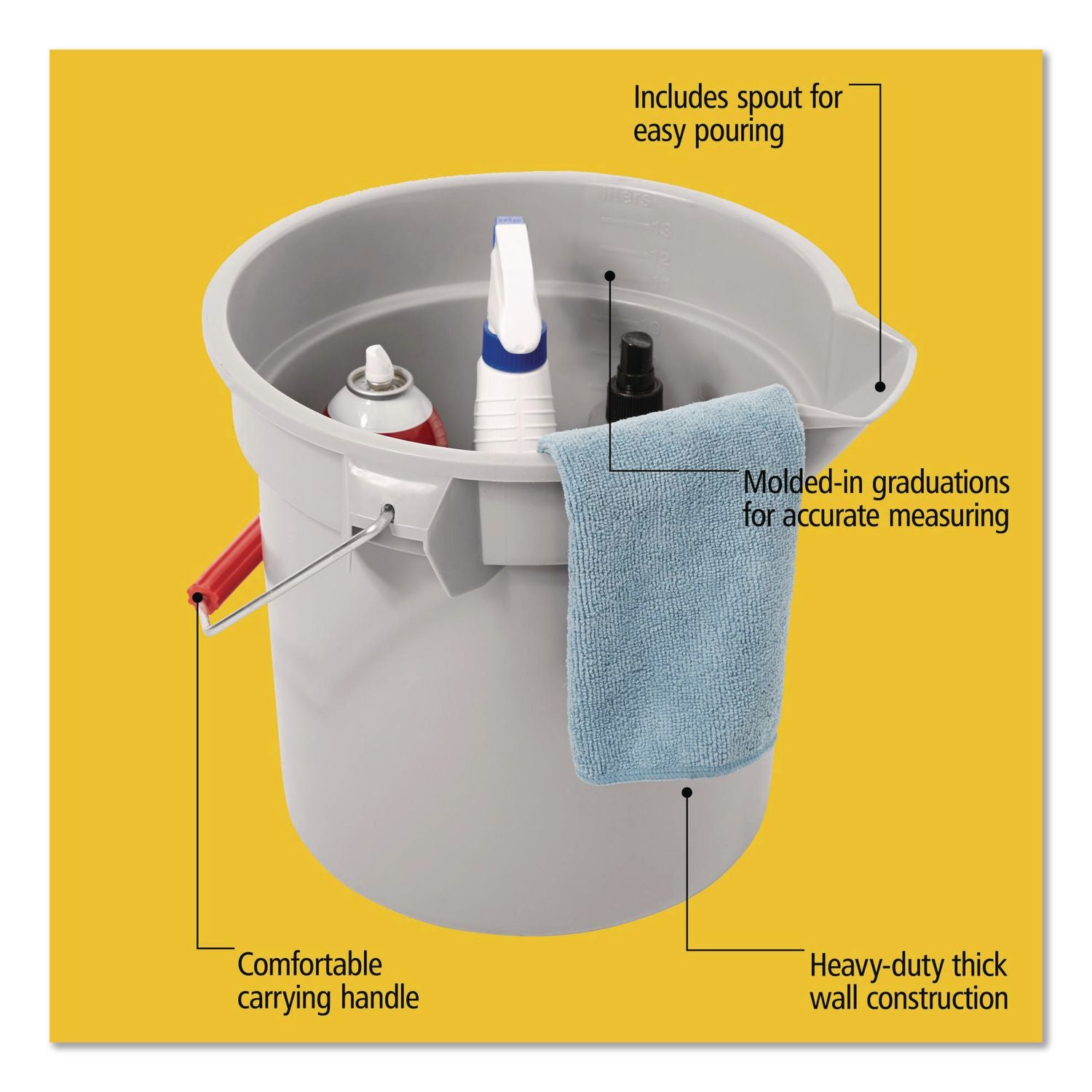 14 Quart Round Utility Bucket, Plastic, Gray, 12" dia