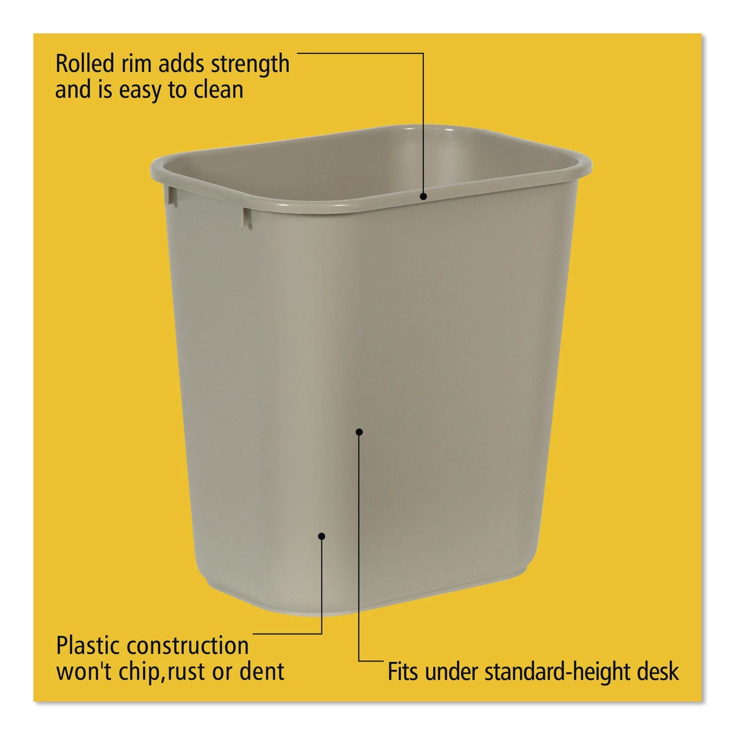 Deskside Plastic Wastebasket, 7 gal, Plastic, Beige
