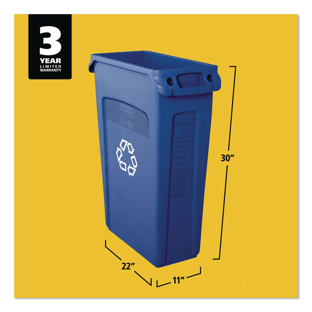 Slim Jim Plastic Recycling Container with Venting Channels, 23 gal, Plastic, Blue