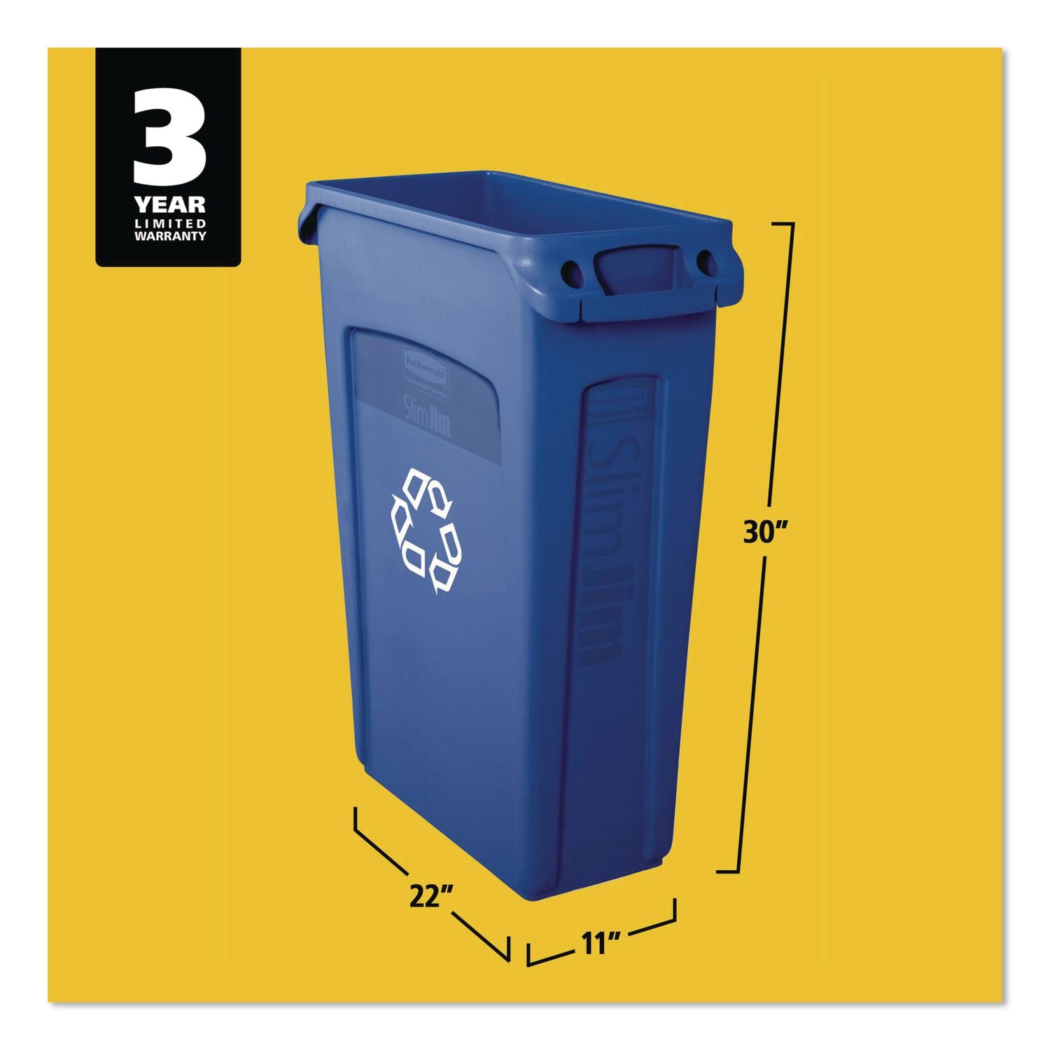 Slim Jim Plastic Recycling Container with Venting Channels, 23 gal, Plastic, Blue
