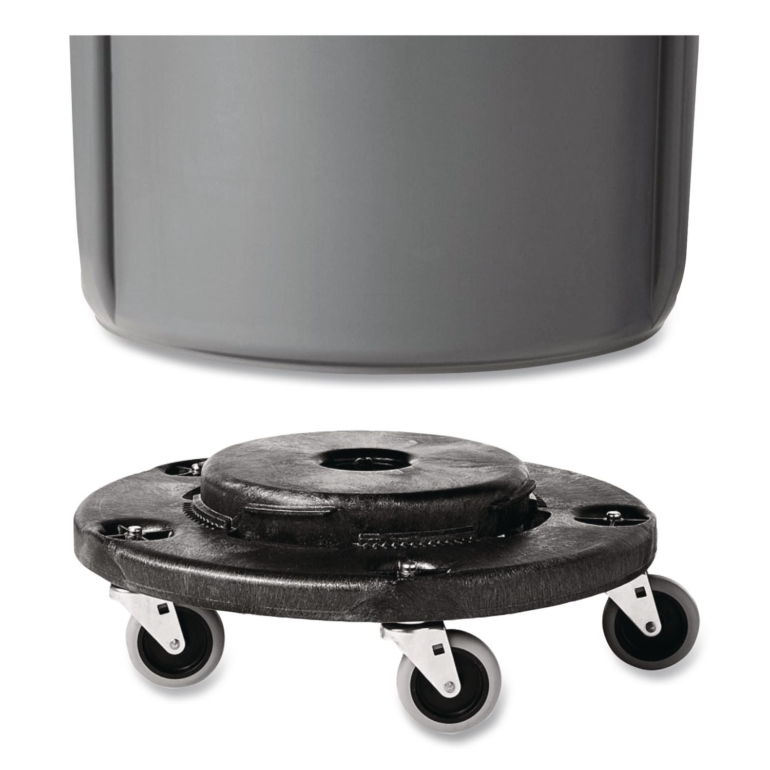 Brute Round Twist On/Off Dolly, 250 lb Capacity, 18" dia x 6.63"h, Fits 20 to 55 Gallon BRUTE Containers, Black