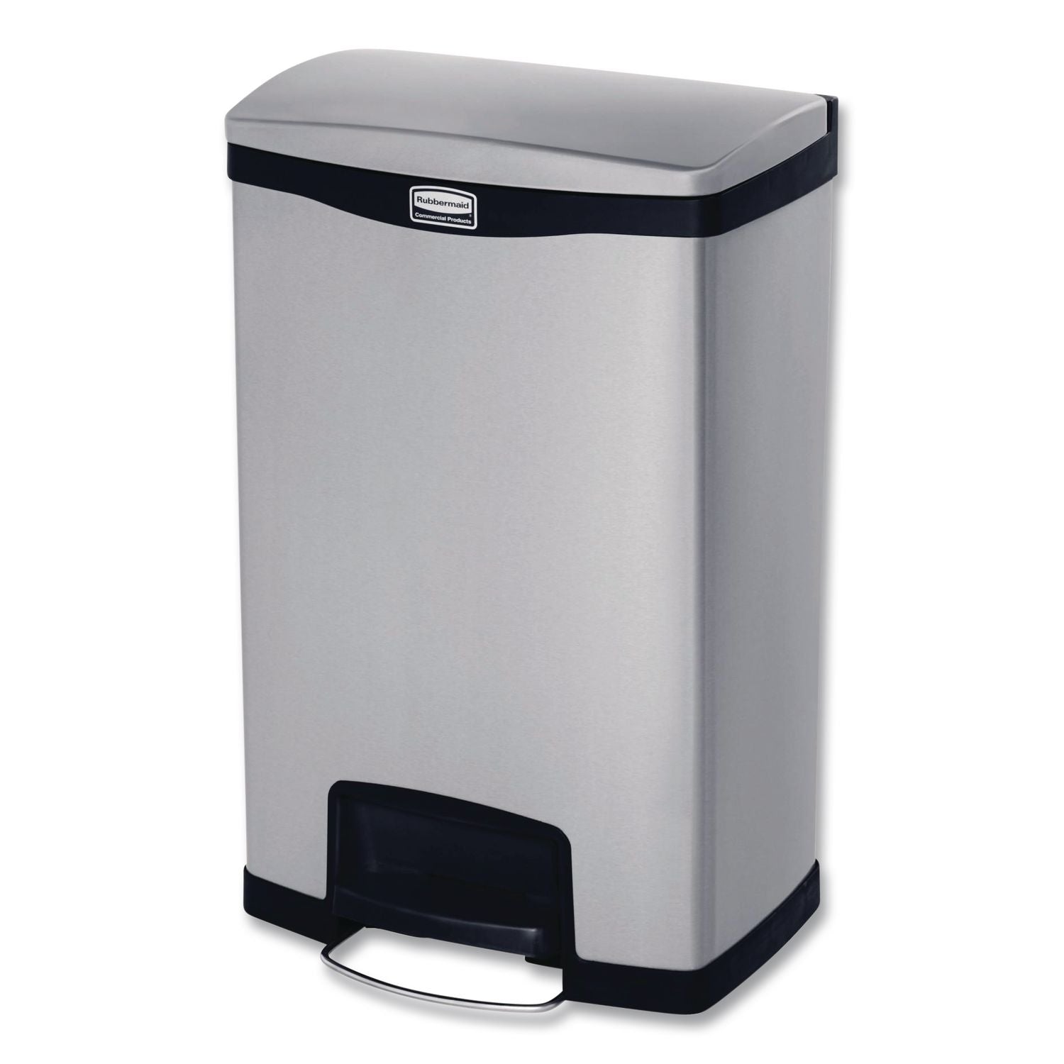 Slim Jim Stainless Steel Step-On Container, Front Step Style, 13 gal, Stainless Steel, Black