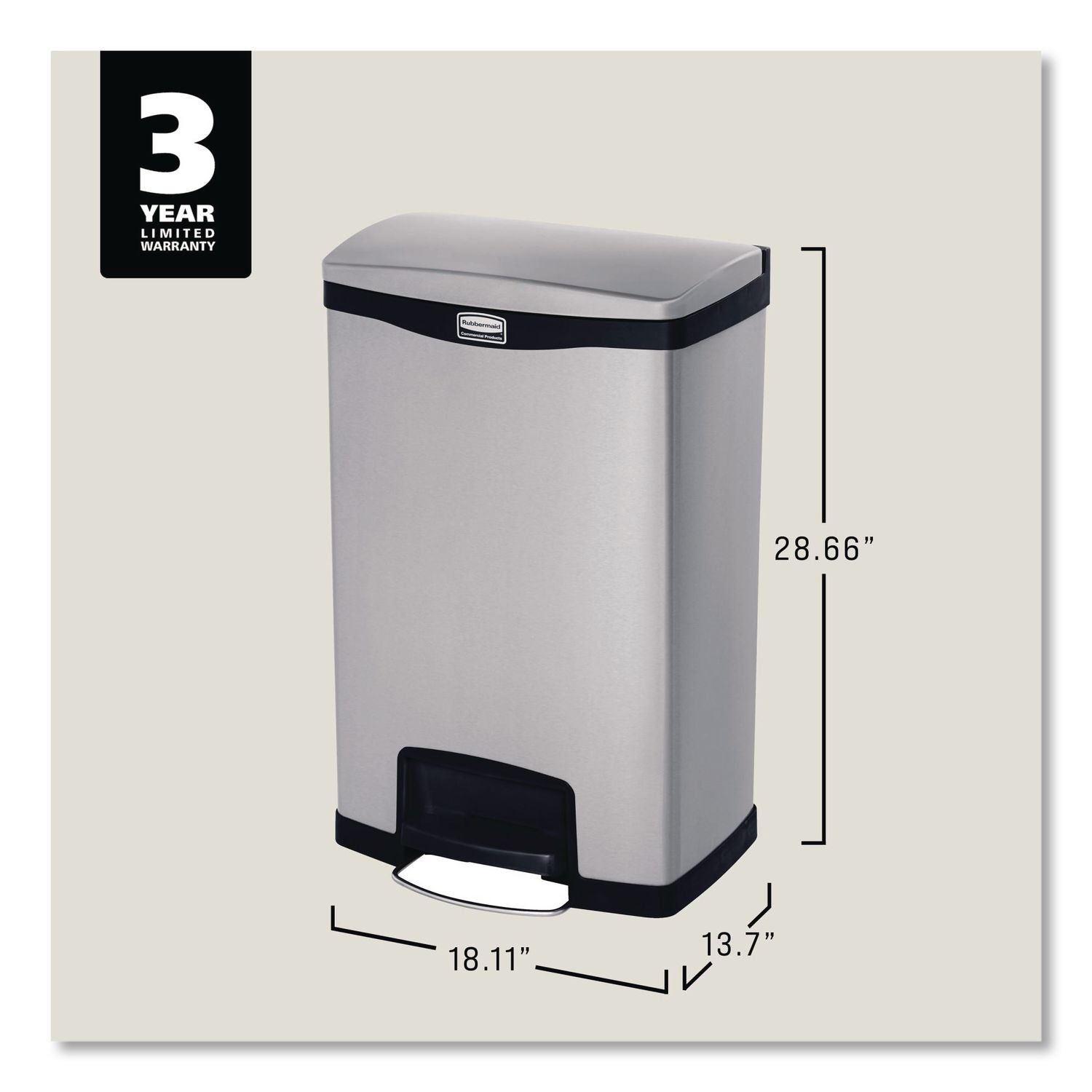 Slim Jim Stainless Steel Step-On Container, Front Step Style, 13 gal, Stainless Steel, Black