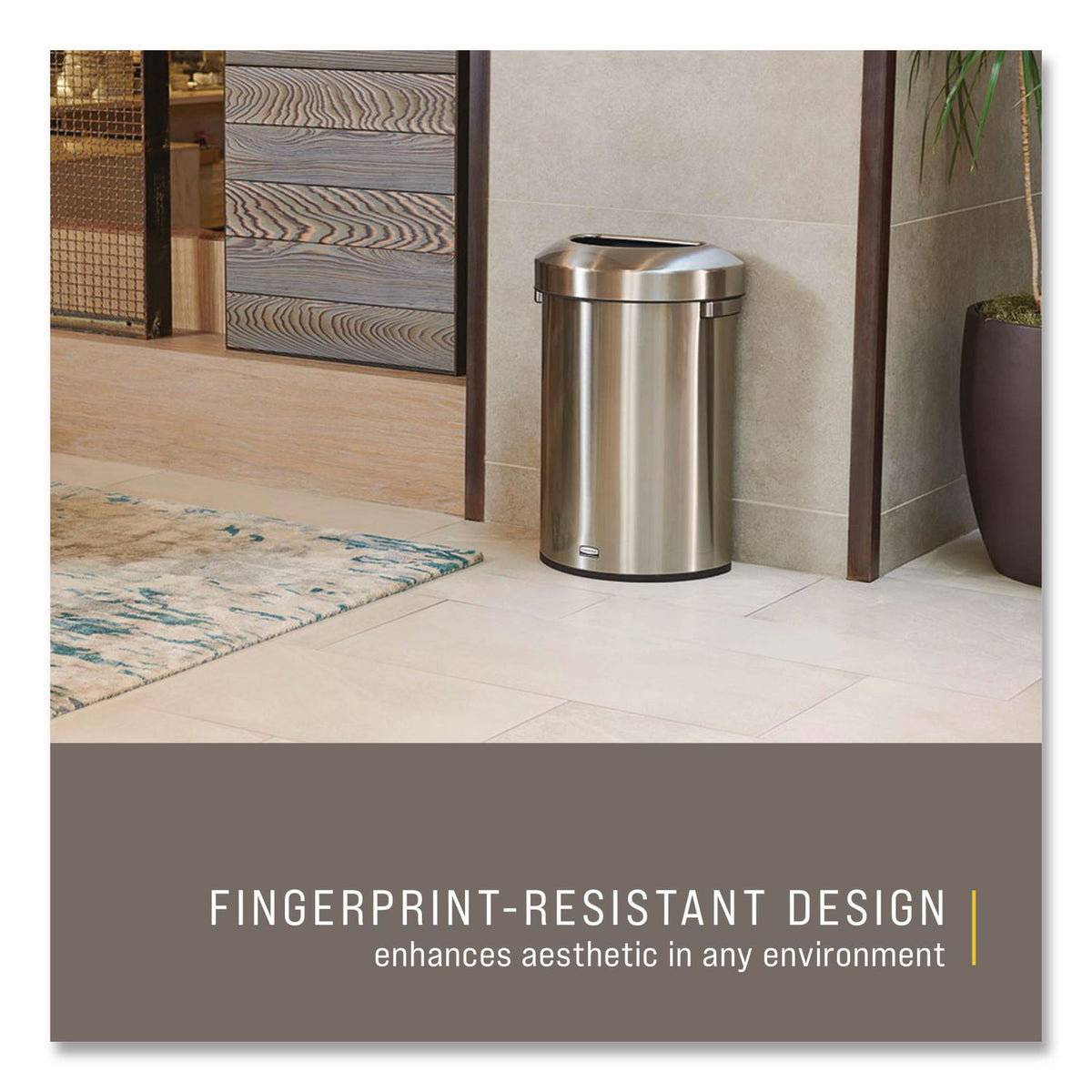 Rubbermaid Commercial Refine Half-Round Waste Container - 16 gal Capacity - Half-round - Ergonomic Handle, Non-skid, Fingerprint Resistant, Durable - 29.5" Height x 12.4" Width x 18.2" Depth - Metal - Stainless Steel - 1 Each
